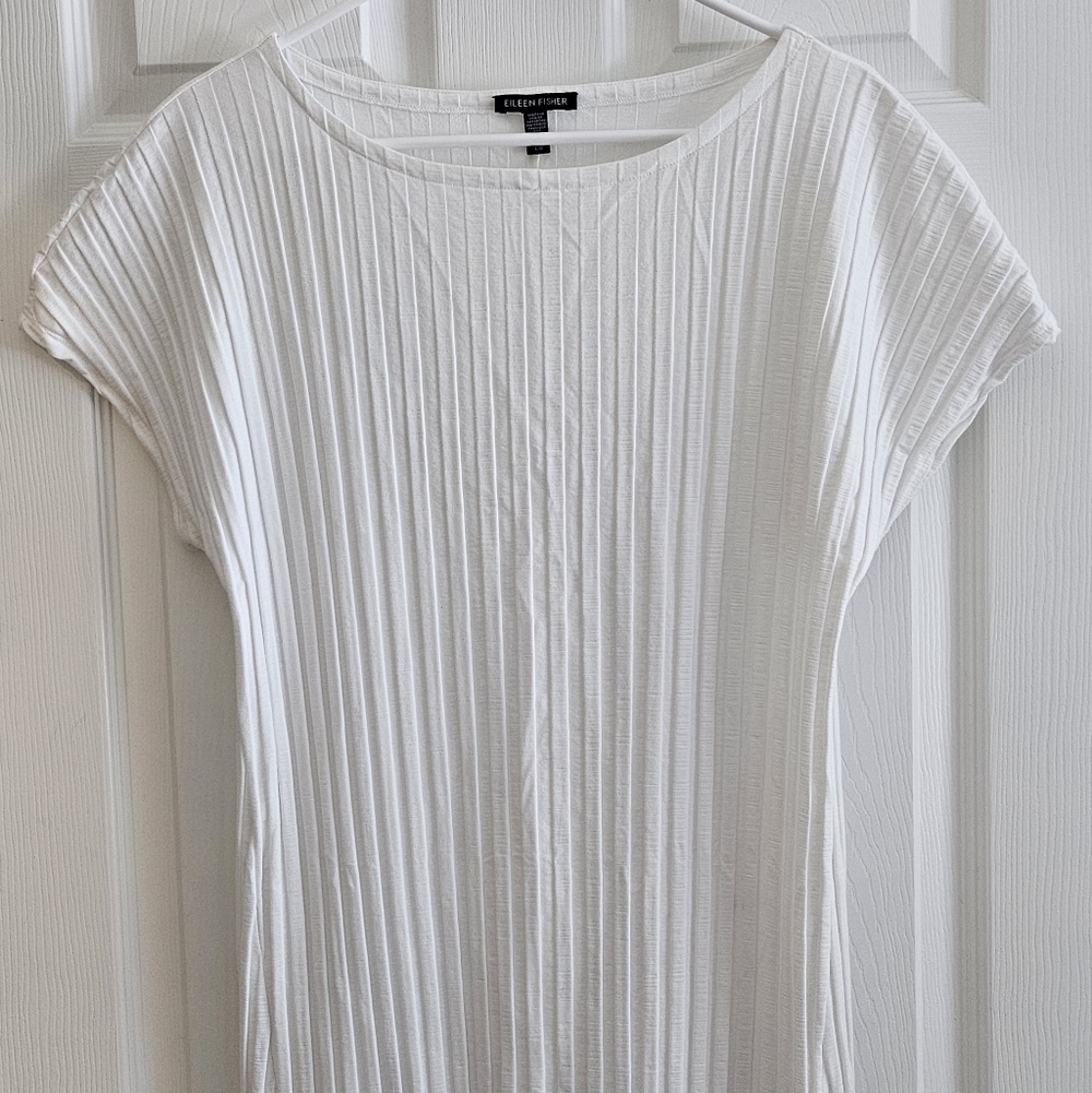 Eileen Fisher Large White Ribbed Tunic Top Cap Sleeves Highlow Hem
